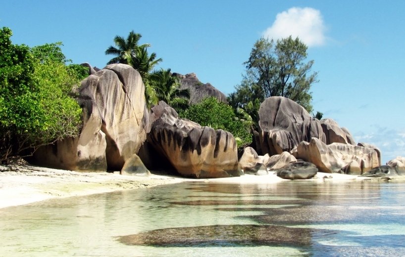 Rock formations and shallow water in Seychelles